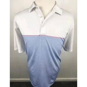 Peter Millar Men’s Large Polo Golf Shirt White Blue Striped Embroidered Logo